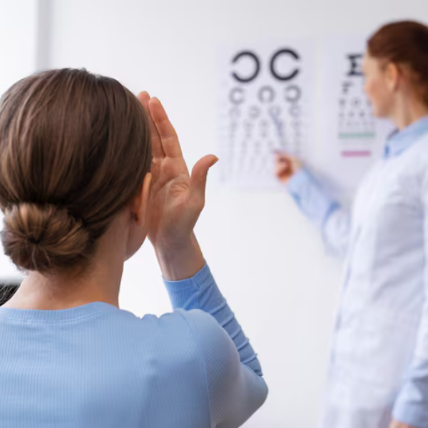 Patient undergoing vision test with Snellen chart - Acuity Health Solutions