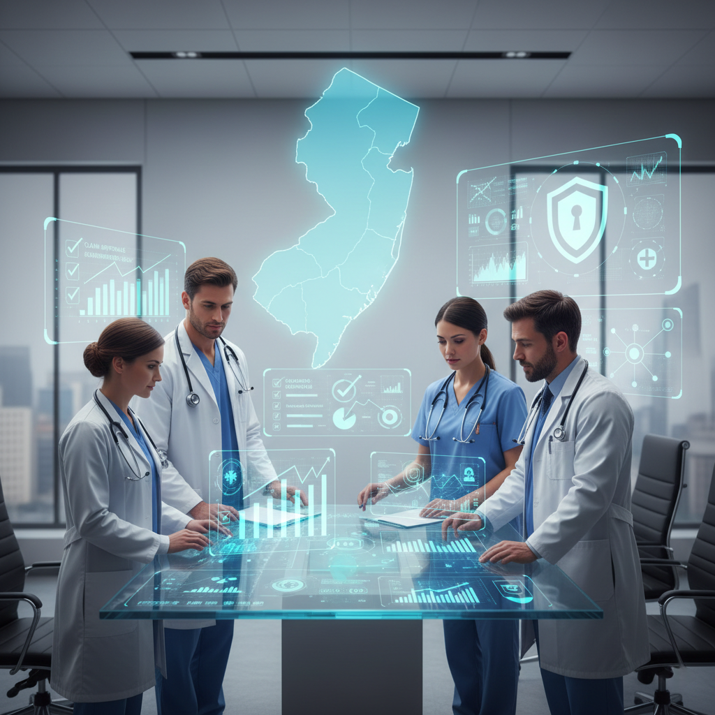 A diverse medical team in New Jersey collaborating around a digital data table to monitor regional healthcare performance.