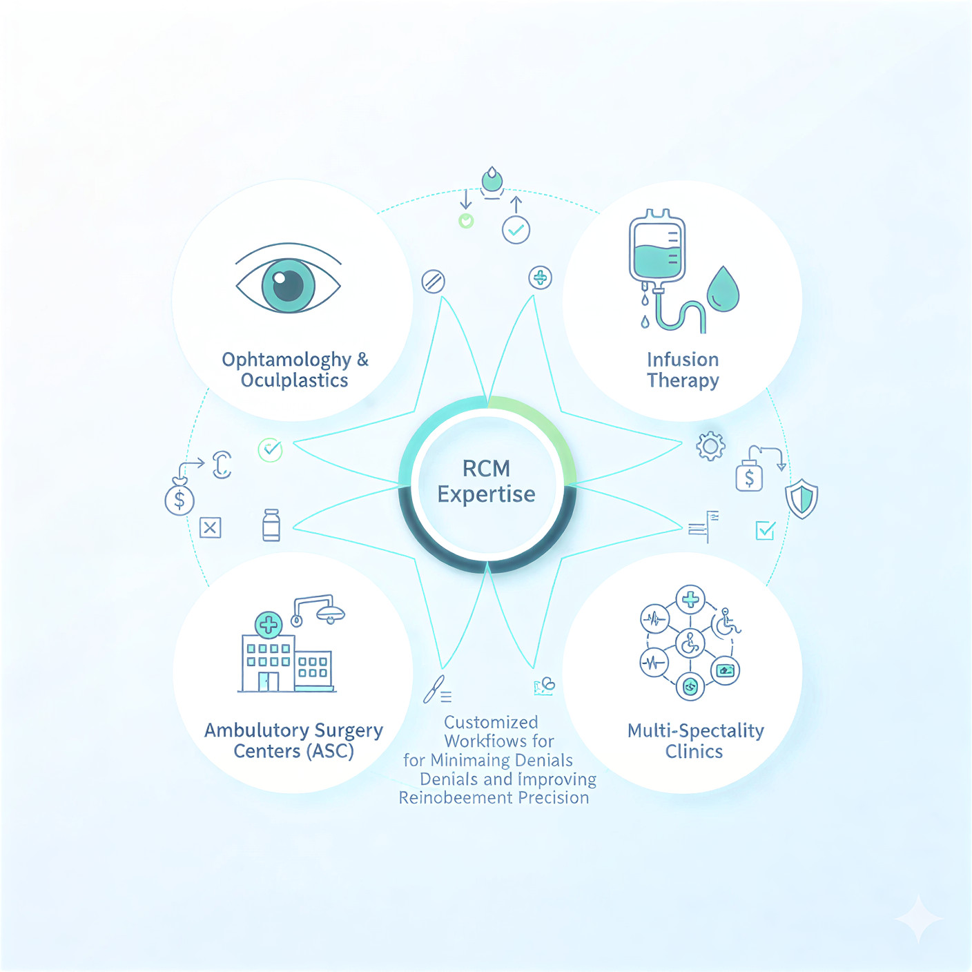 Infographic showcasing Acuity Health Solutions' RCM expertise across Ophthalmology, Infusion Therapy, ASCs, and Multi-Specialty Clinics.