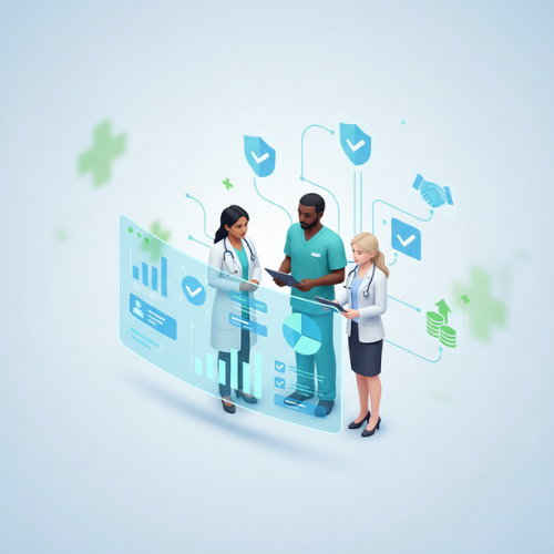 Isometric 3D illustration of healthcare professionals analyzing digital dashboards for secure clinical data and revenue optimization.