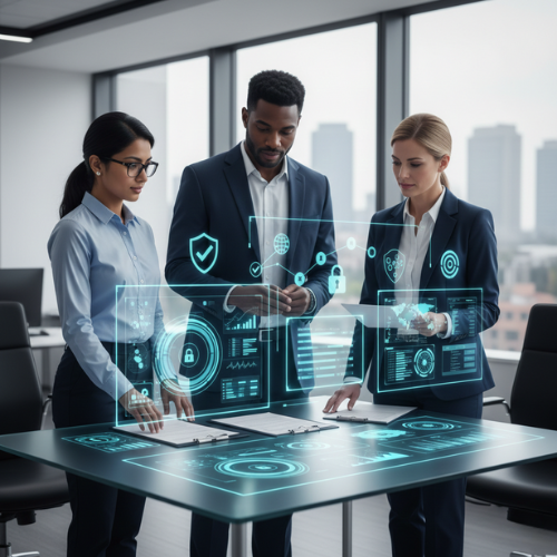 Diverse executive team collaborating on secure healthcare data analytics and clinical compliance in a modern office.