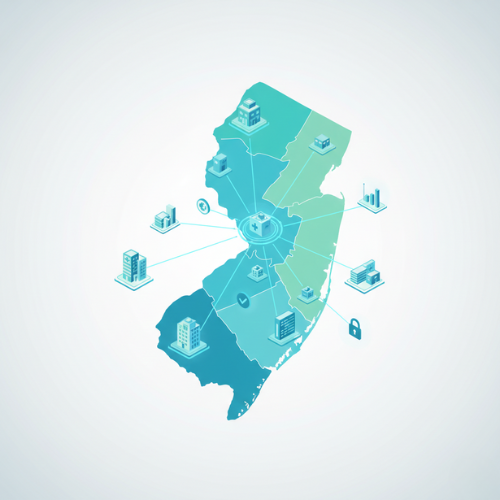 Isometric map of New Jersey highlighting a network of healthcare facilities and data centers across the state.