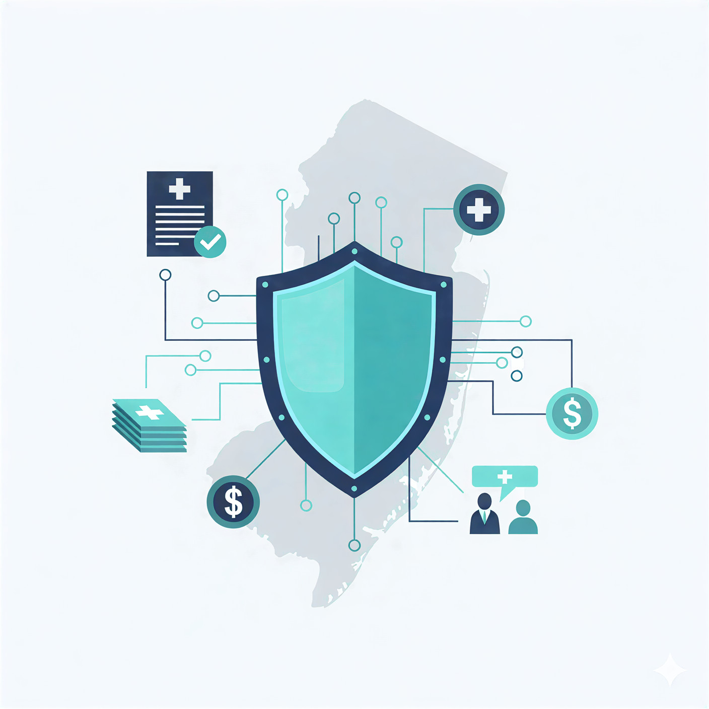 Healthcare revenue cycle management and data security illustration featuring the state map of New Jersey.