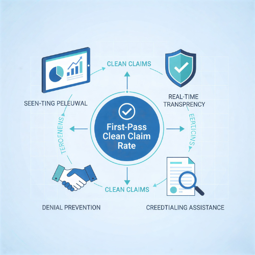 Infographic illustrating a First-Pass Clean Claim Rate cycle featuring denial prevention and real-time transparency.
