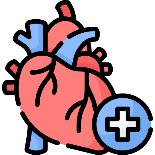 Flat design medical icon of a human heart with a cross symbol representing cardiology services.