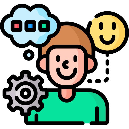 Flat design medical icon of a patient with a gear and a smiley face representing behavioral health and cognitive therapy.