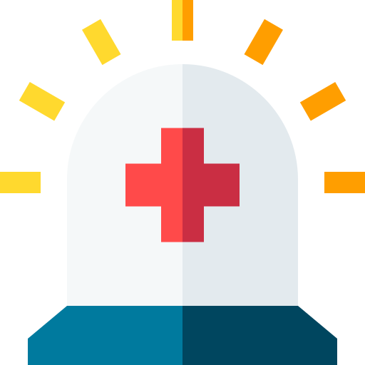 Flat design medical siren icon with a red cross and yellow light rays.