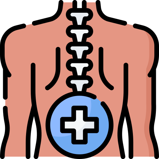 Flat design medical icon of a human spine with a highlighted lower back treatment area.