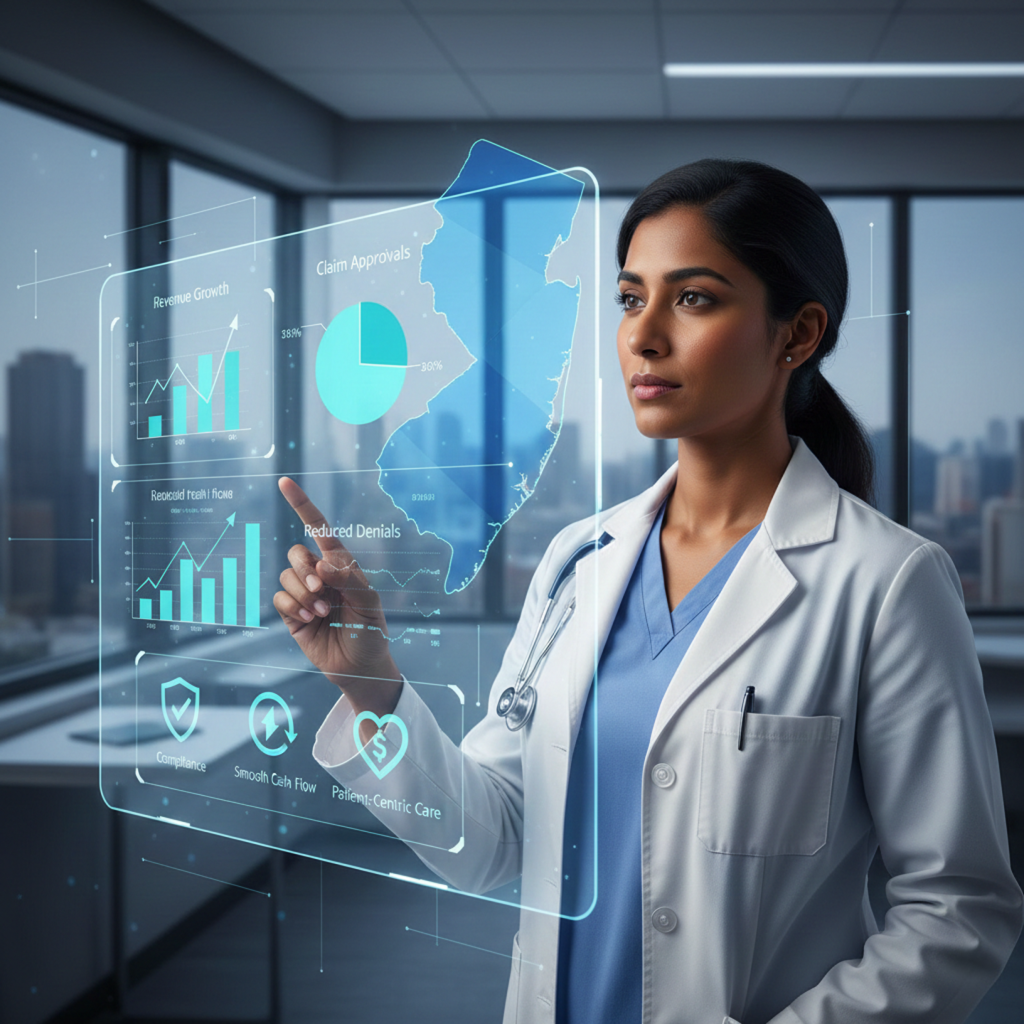 Female physician in New Jersey analyzing a digital healthcare dashboard featuring revenue growth and denial reduction metrics.