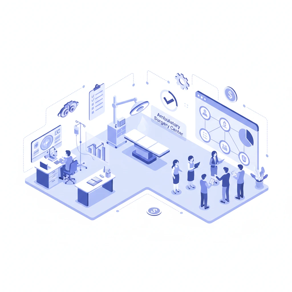 Isometric diagram of an Ambulatory Surgery Center (ASC) showing integrated revenue cycle management and clinical workflows.
