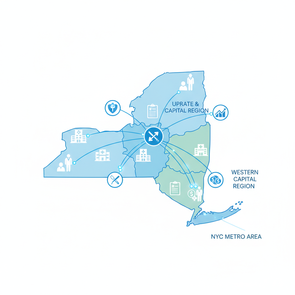 Map of New York healthcare service regions including NYC Metro, Western Capital, and Upstate.