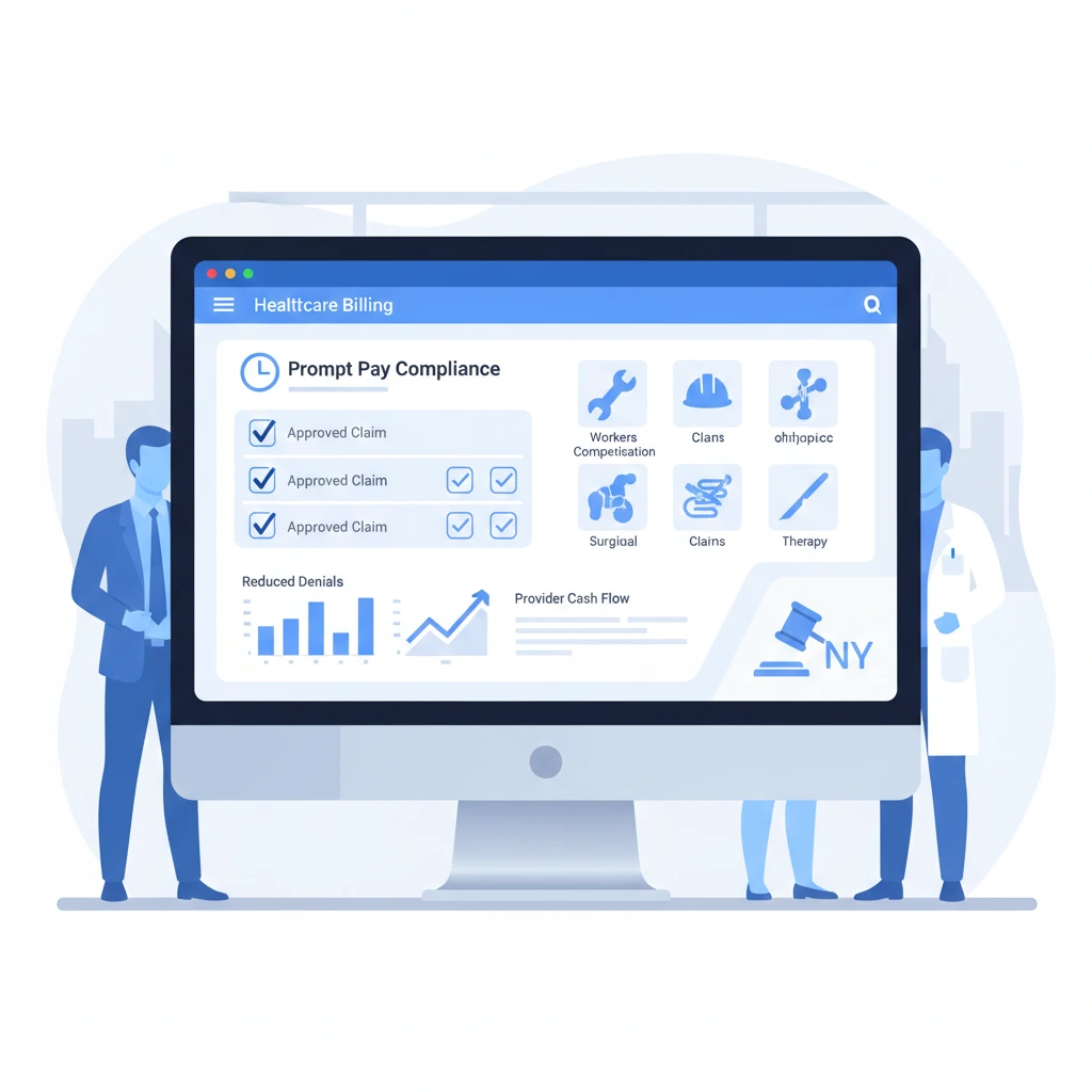 Digital healthcare billing dashboard for prompt pay compliance and medical claim approval tracking.