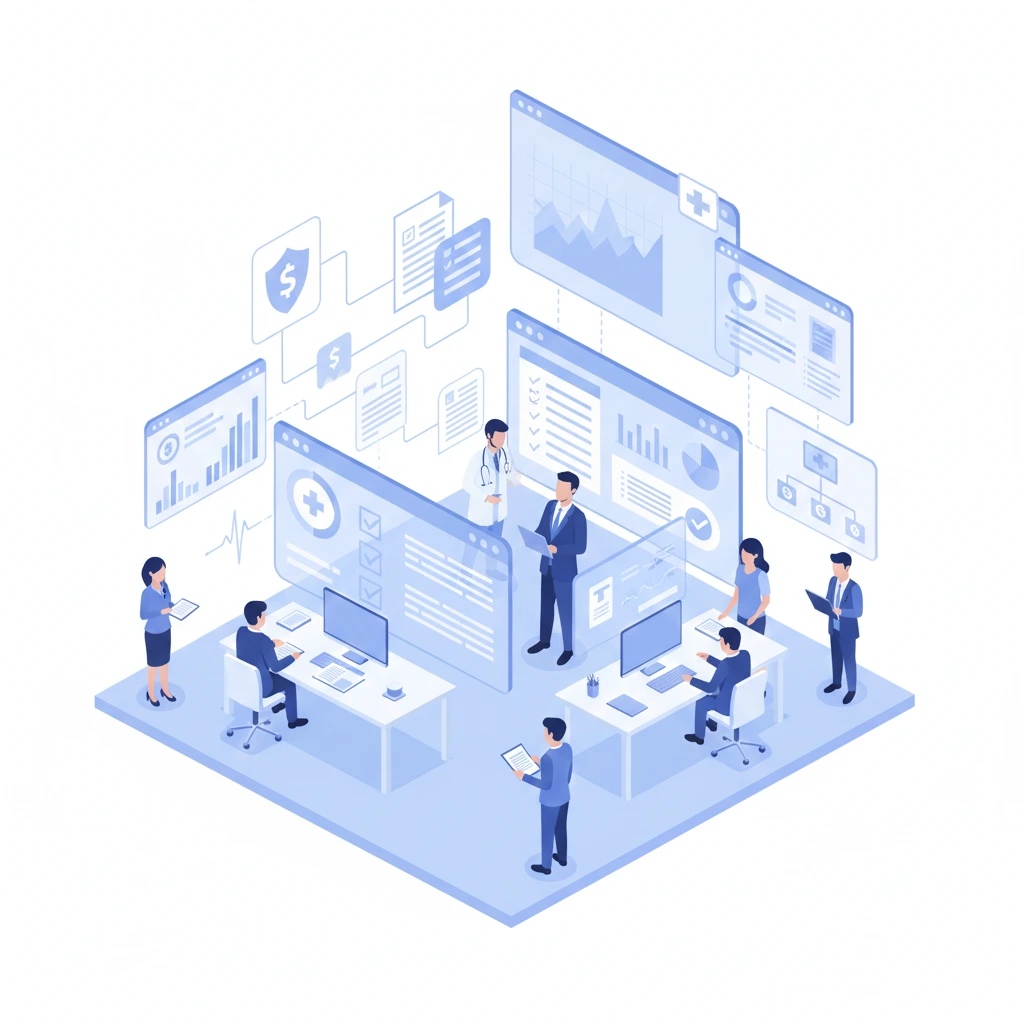 Isometric illustration of a healthcare data analytics hub for medical billing and clinical workflow optimization.
