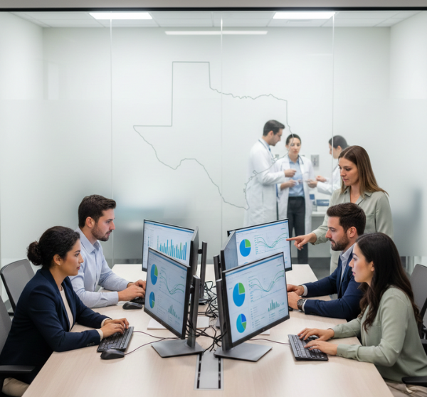 Healthcare operations team in Texas monitoring clinical data and surgical workflows in real-time.