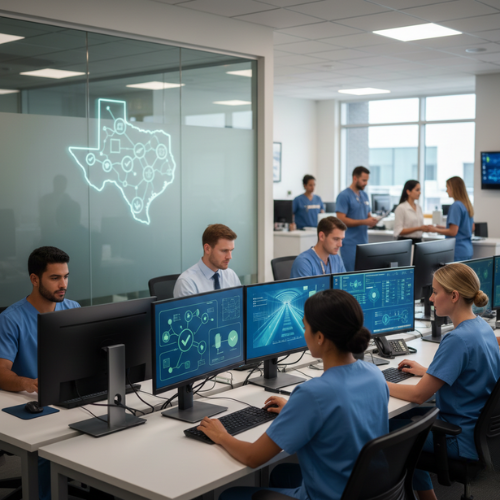 Healthcare operations team in Texas monitoring clinical data and surgical workflows in real-time.