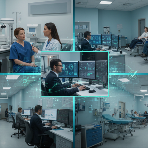 Multi-panel view of integrated clinical care and healthcare data monitoring in a modern medical facility.