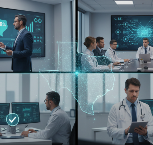 Medical professionals and data analysts monitoring Texas healthcare revenue cycle management and clinical performance.