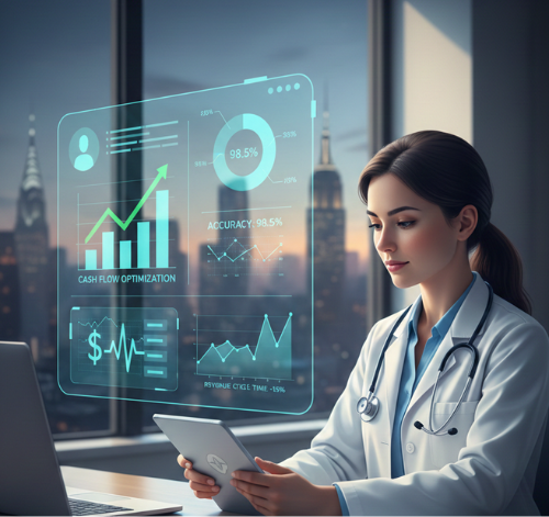 Female physician reviewing a digital healthcare dashboard for cash flow optimization and medical billing accuracy.