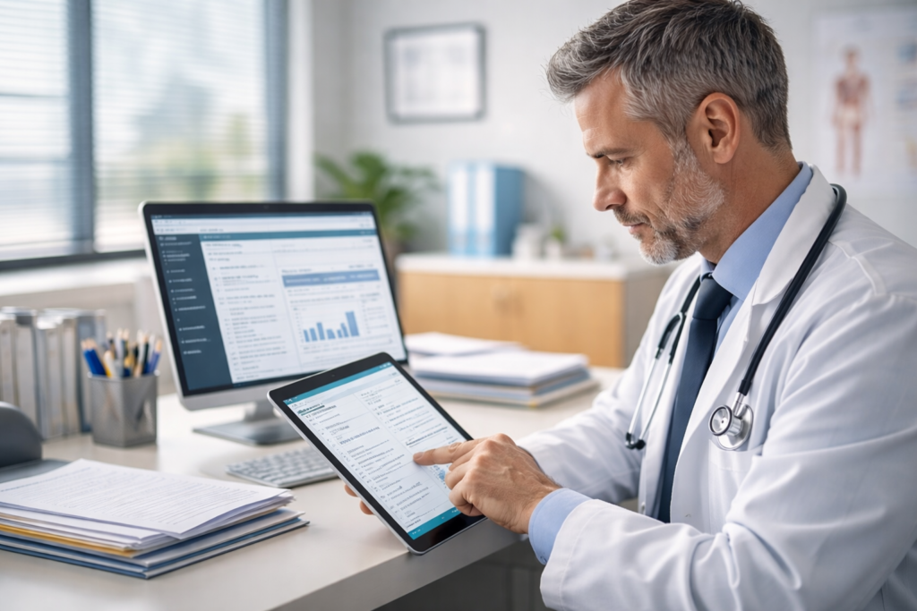 Doctor reviewing patient data Acuity Health Solution