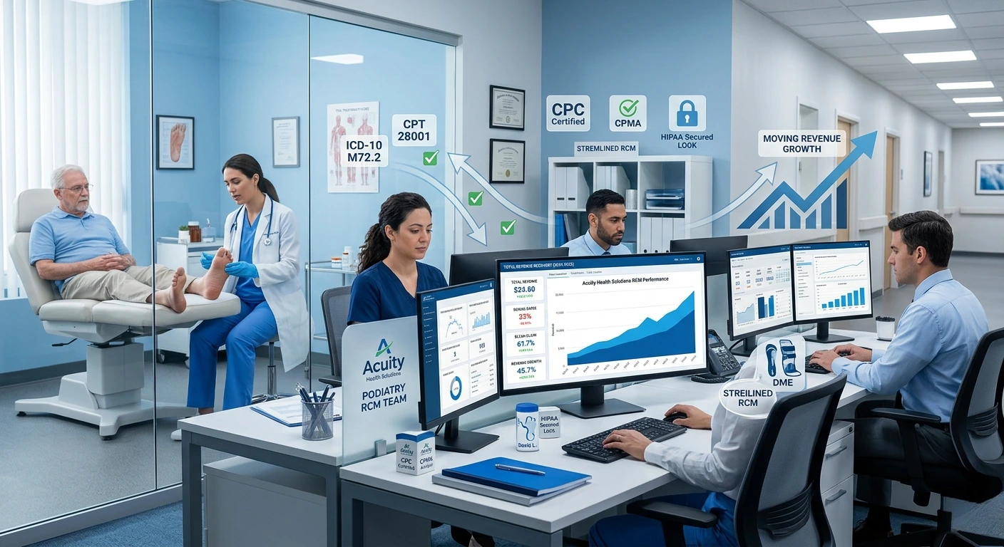 A clinical specialist reviewing brain imaging and neurological data in a radiology RCM office. Acuity Health Solution.