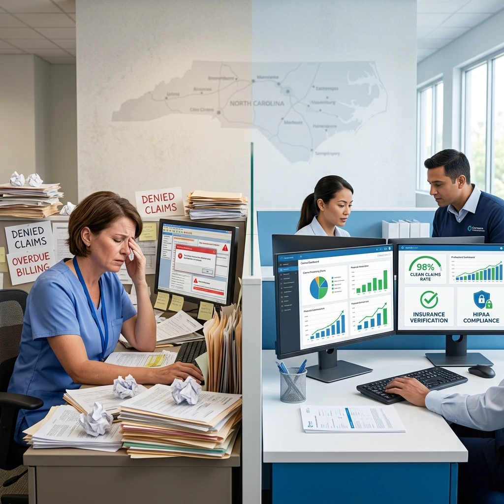 A professional revenue cycle management team working in a modern North Carolina medical billing office. Acuity Health Solution.