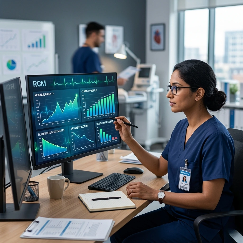 A collaborative cardiology RCM team reviewing heart rhythm data and billing codes in a modern office. Acuity Health Solution.