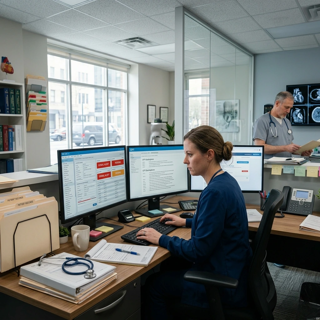 A collaborative cardiology RCM team reviewing heart rhythm data and billing codes in a modern office. Acuity Health Solution.