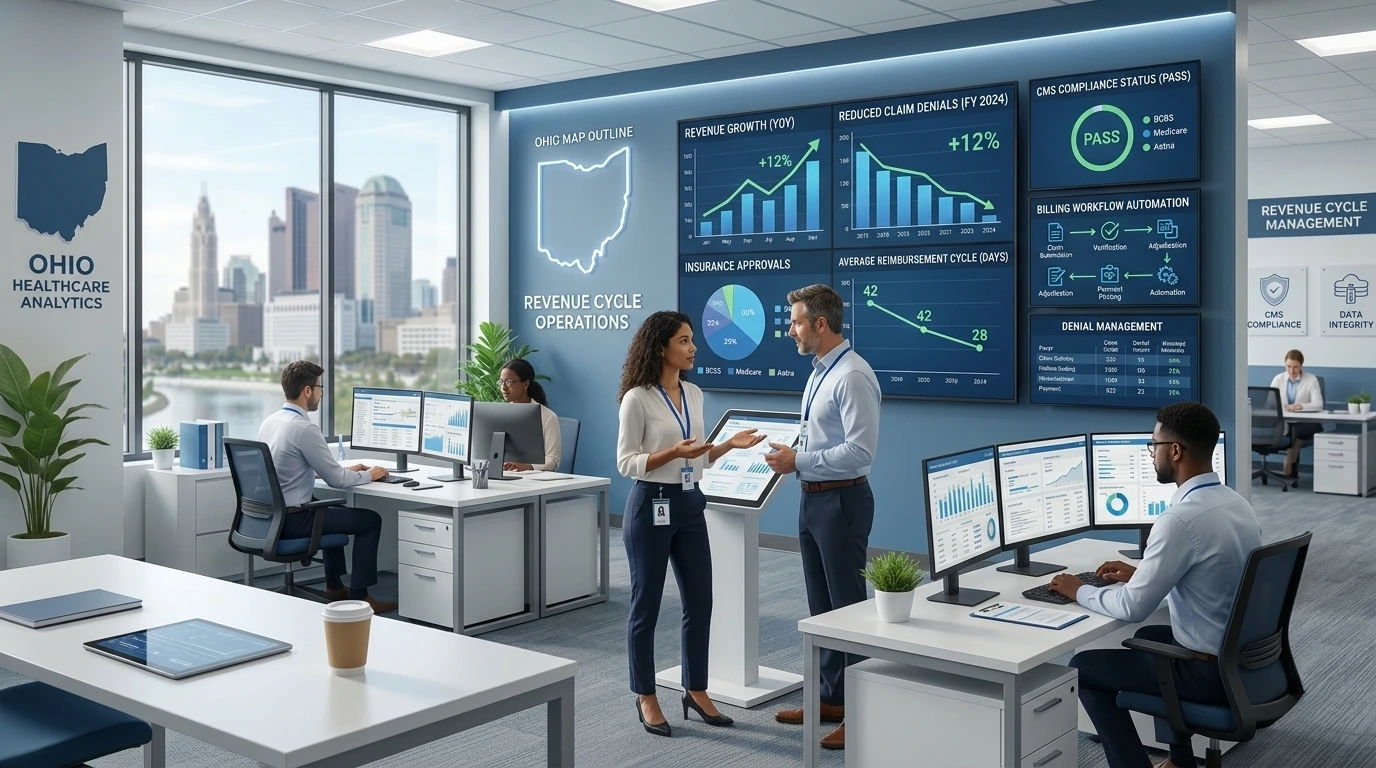 A medical billing specialist at a desk reviewing healthcare claim data and financial analytics. Acuity Health Solution.