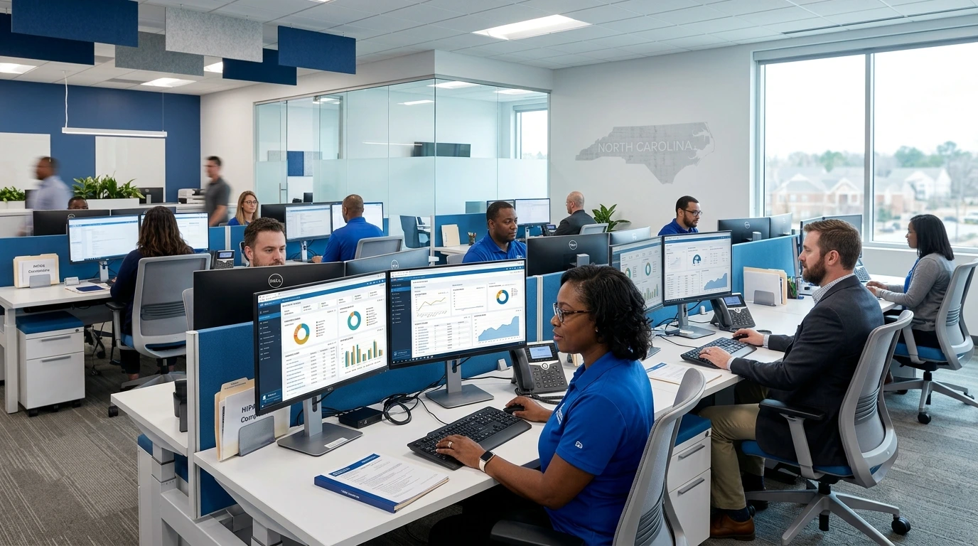 A professional revenue cycle management team working in a modern North Carolina medical billing office. Acuity Health Solution.