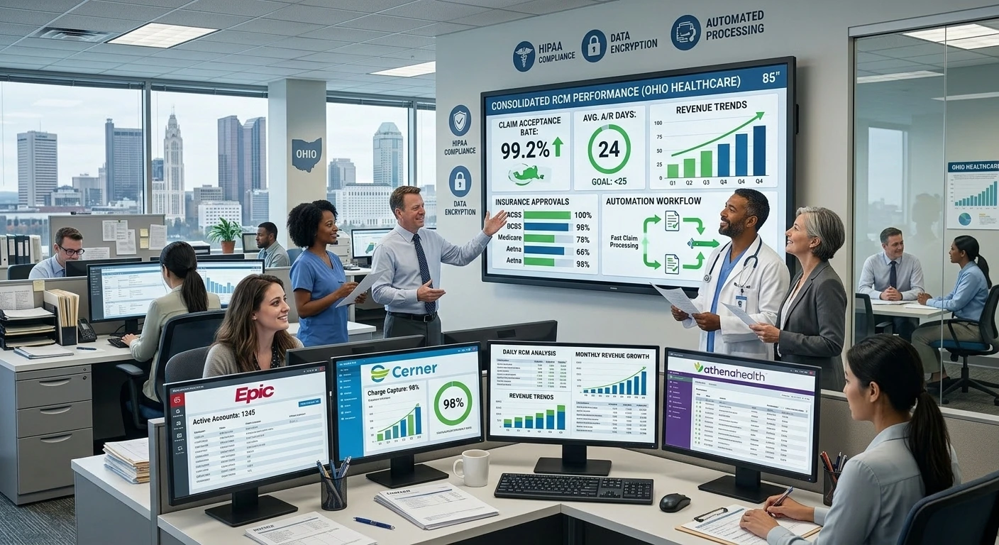 A medical billing specialist at a desk reviewing healthcare claim data and financial analytics. Acuity Health Solution.