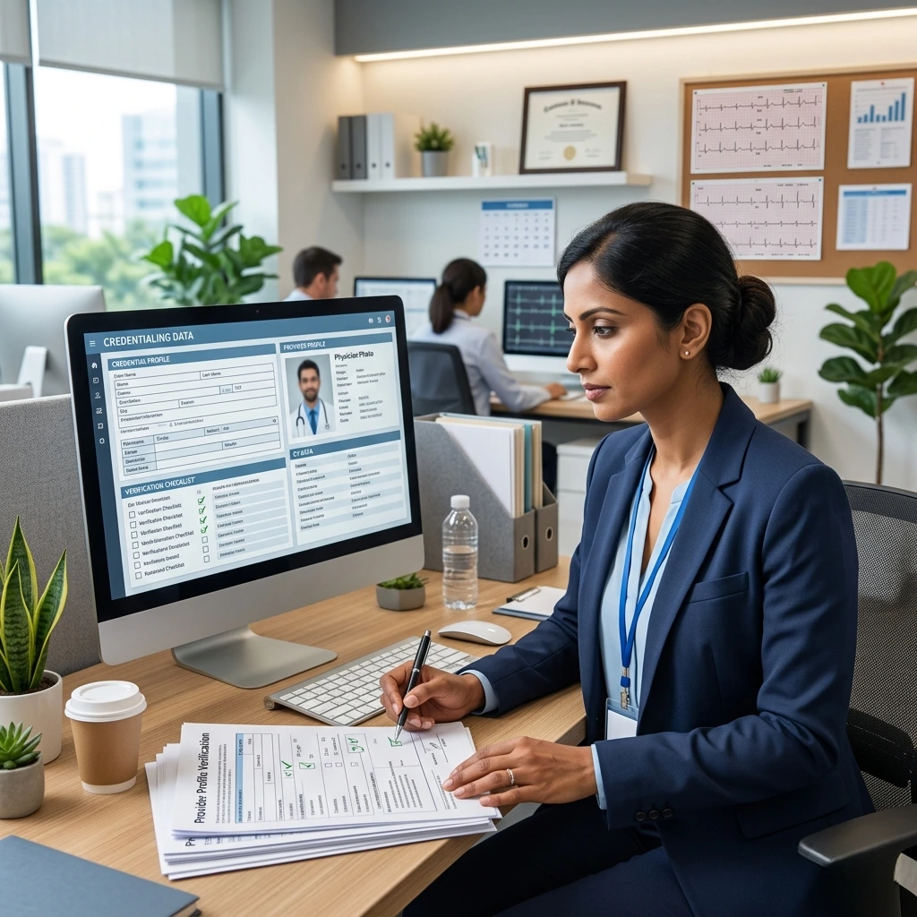 A specialist performing provider credentialing and profile verification in a professional RCM office. Acuity Health Solution.