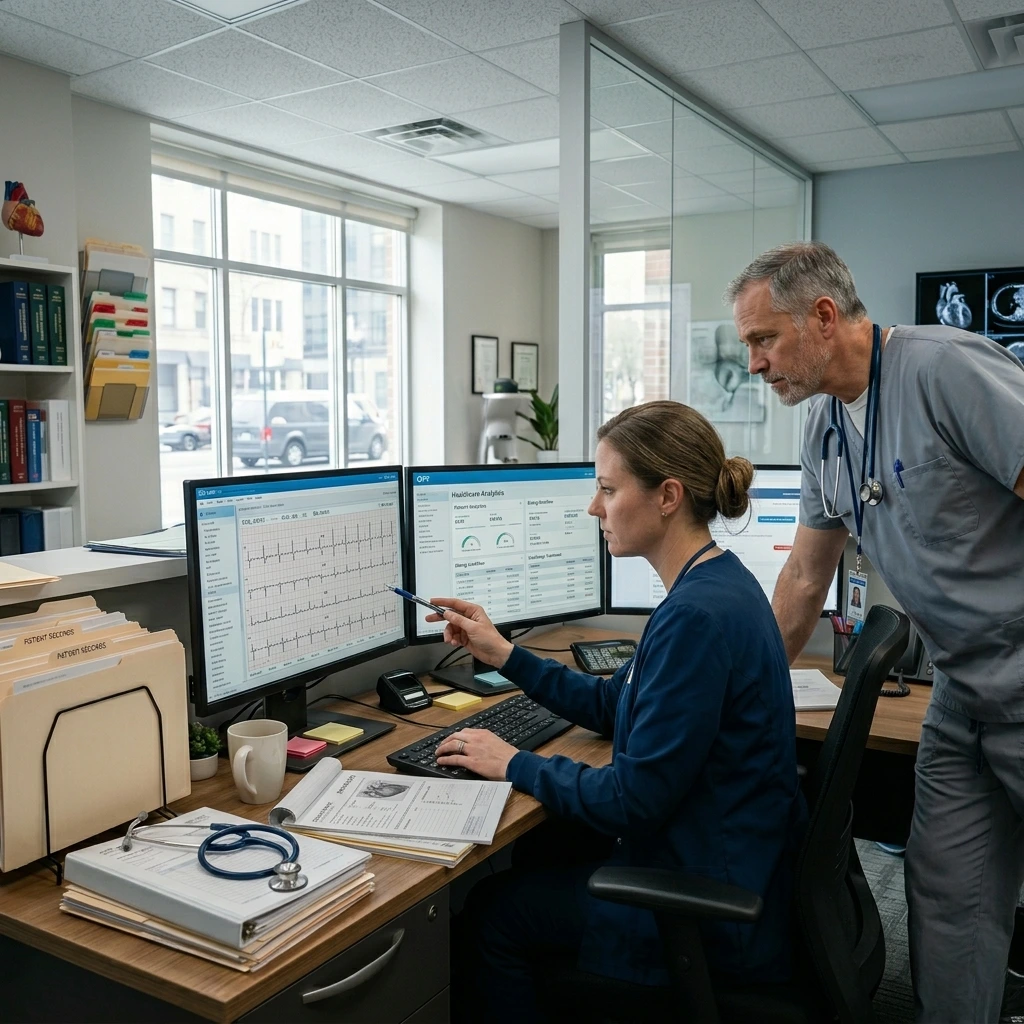 A collaborative cardiology RCM team reviewing heart rhythm data and billing codes in a modern office. Acuity Health Solution.