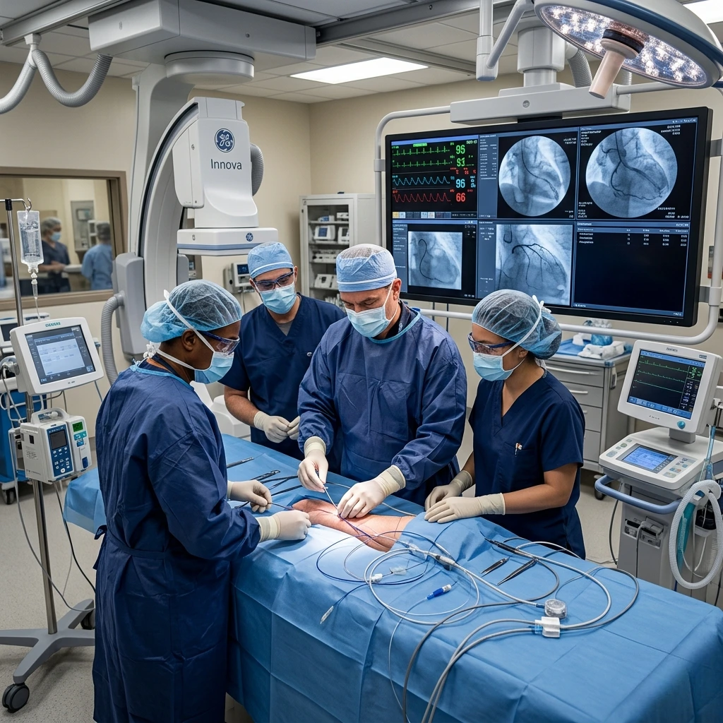 A surgical team performing a vascular procedure using GE Innova imaging technology and real-time data. Acuity Health Solution.
