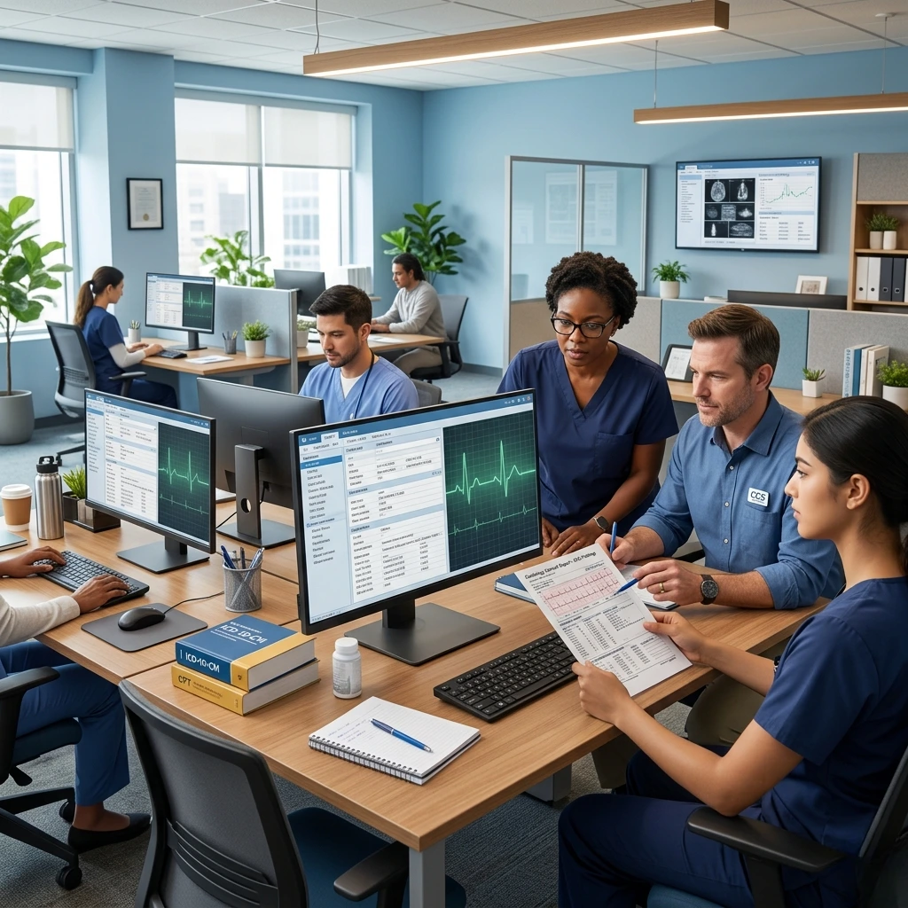 A collaborative cardiology RCM team reviewing heart rhythm data and billing codes in a modern office. Acuity Health Solution.