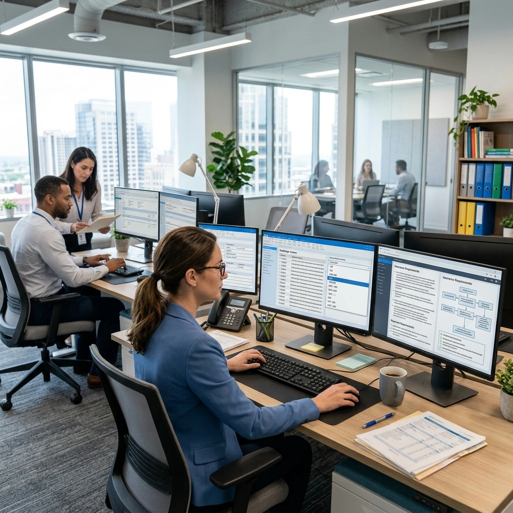 A clinical specialist reviewing brain imaging and neurological data on a dual-monitor setup. Acuity Health Solution.