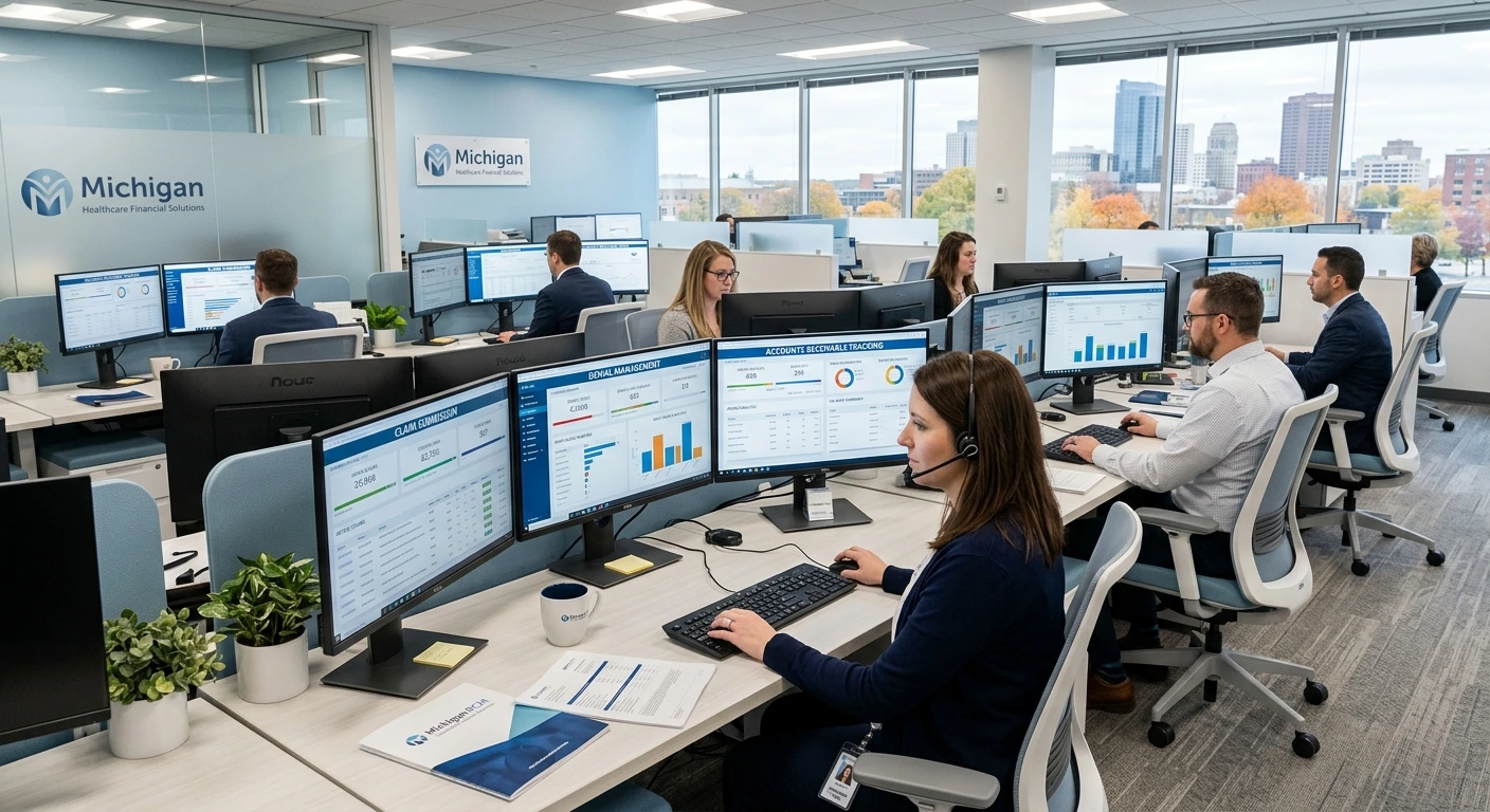 A clinical specialist reviewing brain imaging and neurological data on a dual-monitor setup. Acuity Health Solution.