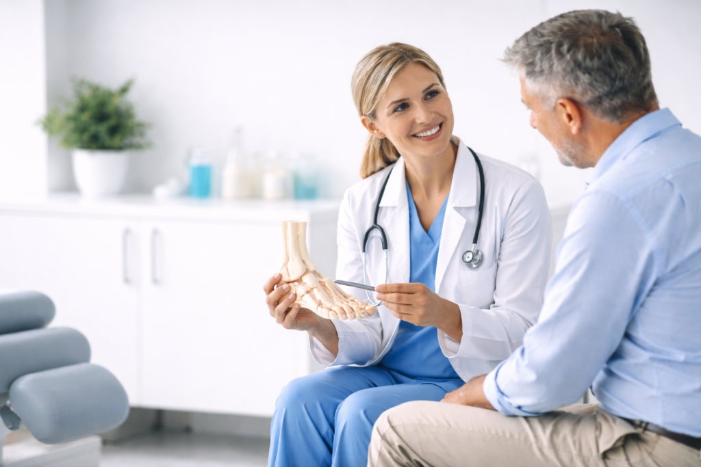 A smiling female doctor uses a foot skeleton model to explain a diagnosis to a male patient. Acuity Health Solution.