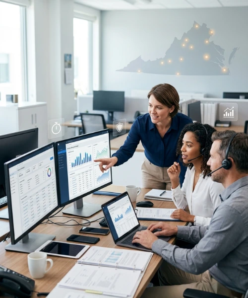 A team of healthcare professionals analyzing data charts on a computer screen in a modern office. Acuity Health Solution.