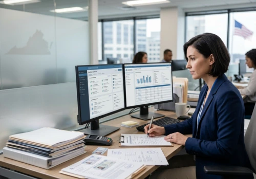 A team of healthcare professionals analyzing data charts on a computer screen in a modern office. Acuity Health Solution.
