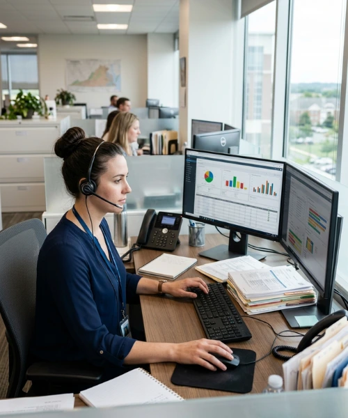 A team of healthcare professionals analyzing data charts on a computer screen in a modern office. Acuity Health Solution.