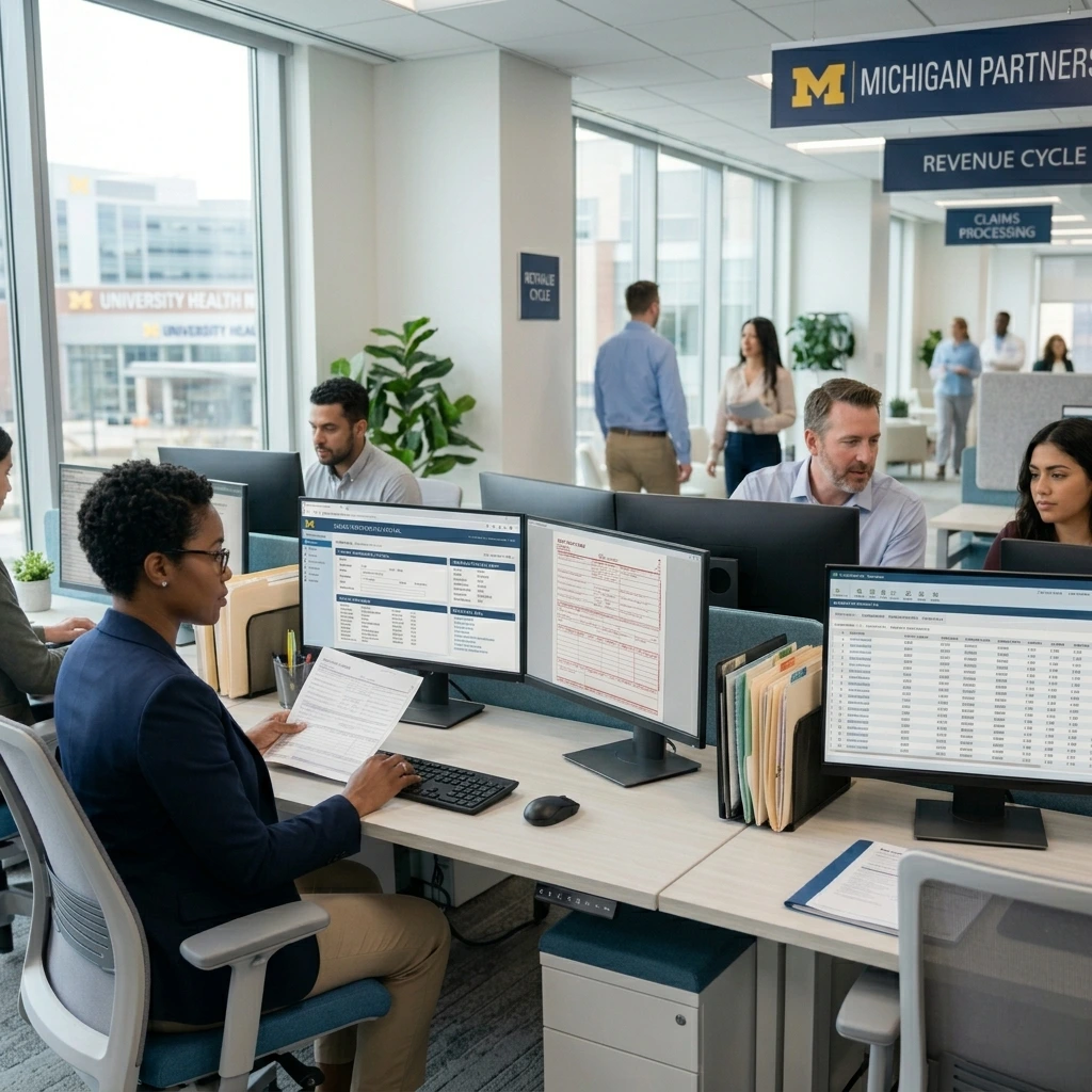 A clinical specialist reviewing brain imaging and neurological data on a dual-monitor setup. Acuity Health Solution.