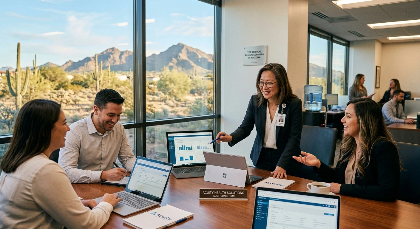 A healthcare professional reviewing medical billing data and revenue charts on a laptop. Acuity Health Solution.