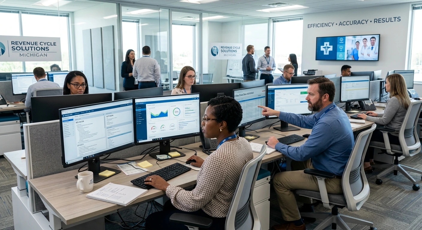 A clinical specialist reviewing brain imaging and neurological data on a dual-monitor setup. Acuity Health Solution.