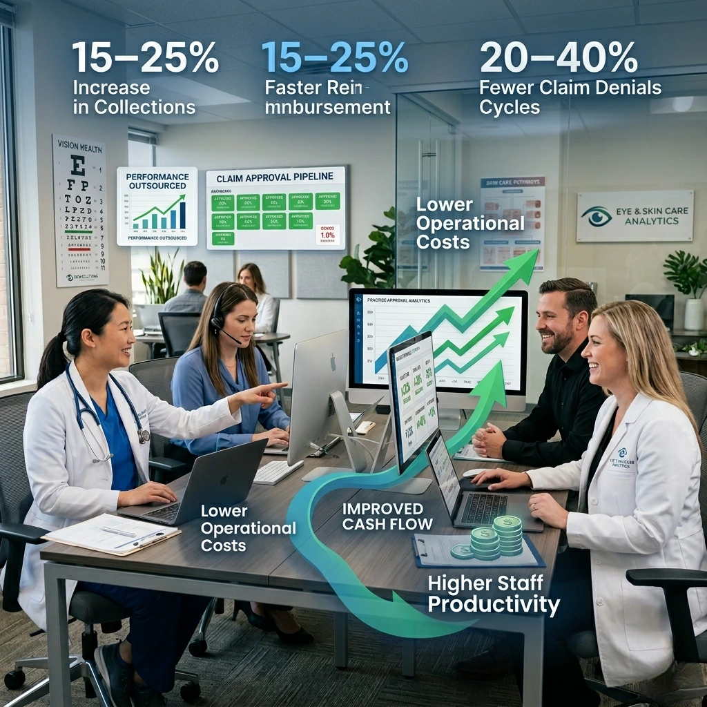 Infographic showing healthcare RCM metrics for improved cash flow faster reimbursement and higher staff productivity in a medical office - Acuity Health Solution