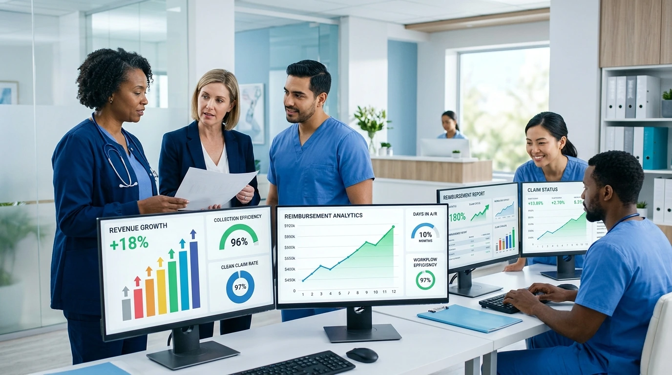 Healthcare executives shaking hands celebrating improved revenue cycle metrics and clean claims rate - Acuity Health Solution