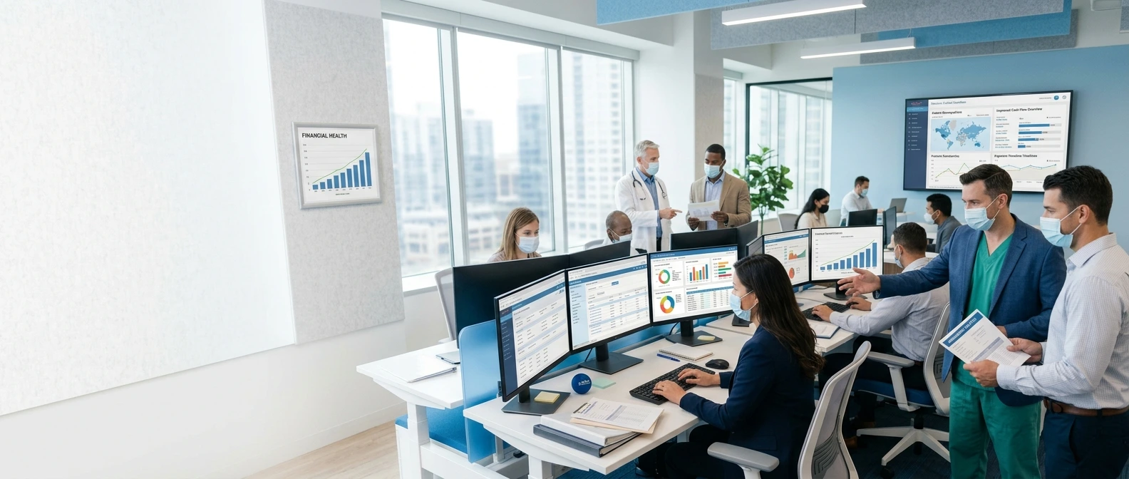 Healthcare administrative team analyzing healthcare RCM performance and proactive claims analytics in a secure data environment - Acuity Health Solution