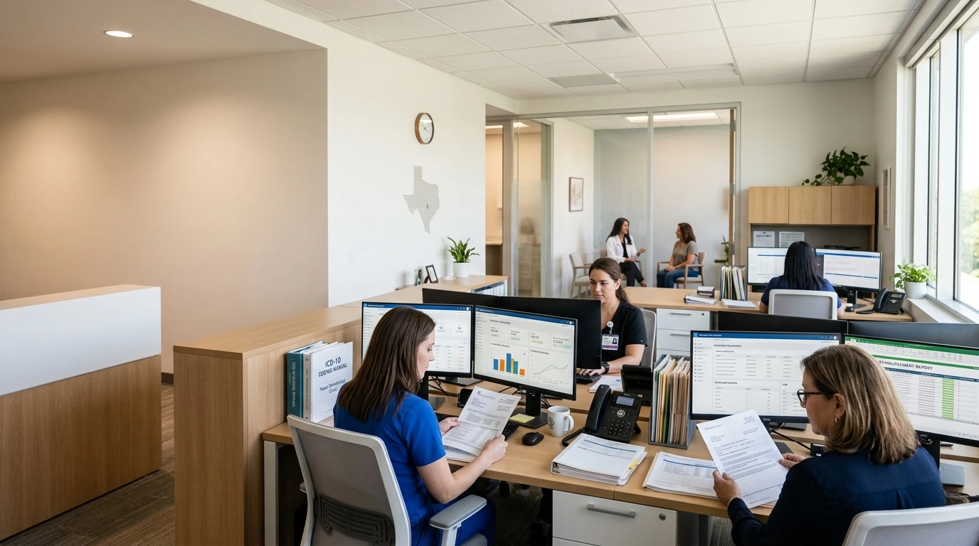 Healthcare administrative leaders reviewing dermatology billing dashboards and claim denial analytics alongside a backend support team - Acuity Health Solution