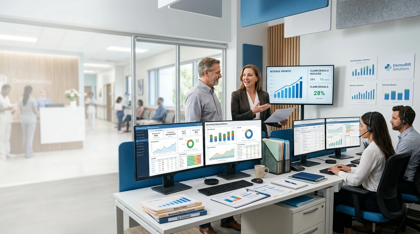 Healthcare administrative leaders reviewing dermatology billing dashboards and claim denial analytics alongside a backend support team - Acuity Health Solution