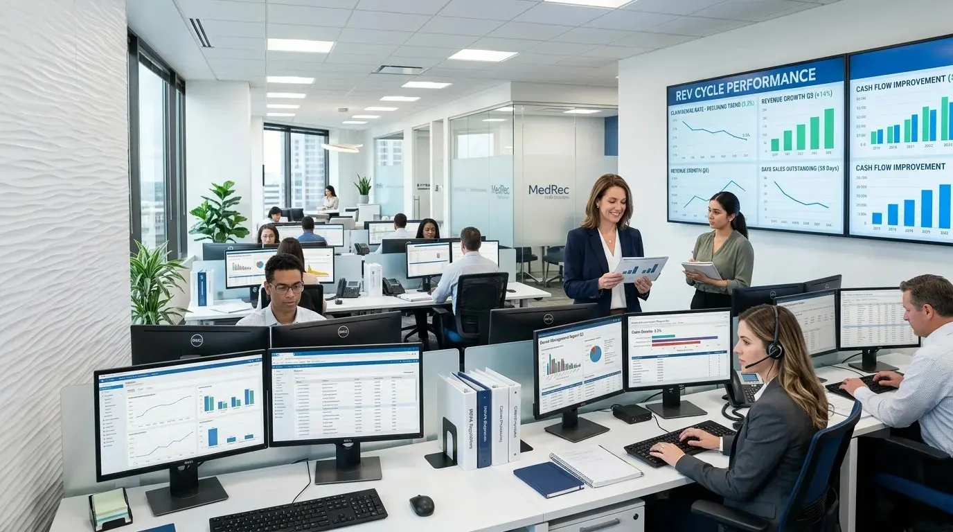 Healthcare administrative leaders reviewing dermatology billing dashboards and claim denial analytics alongside a backend support team - Acuity Health Solution