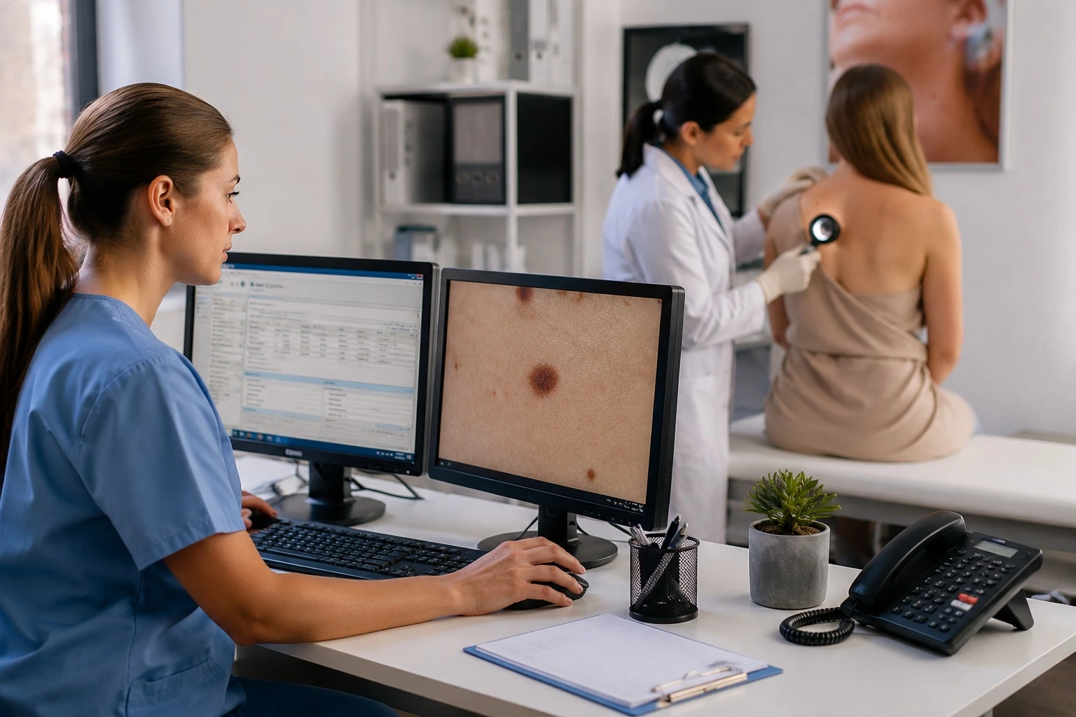 Dermatology clinic specialist tracking medical documentation while a doctor examines a patient's skin using a dermatoscope - Acuity Health Solution